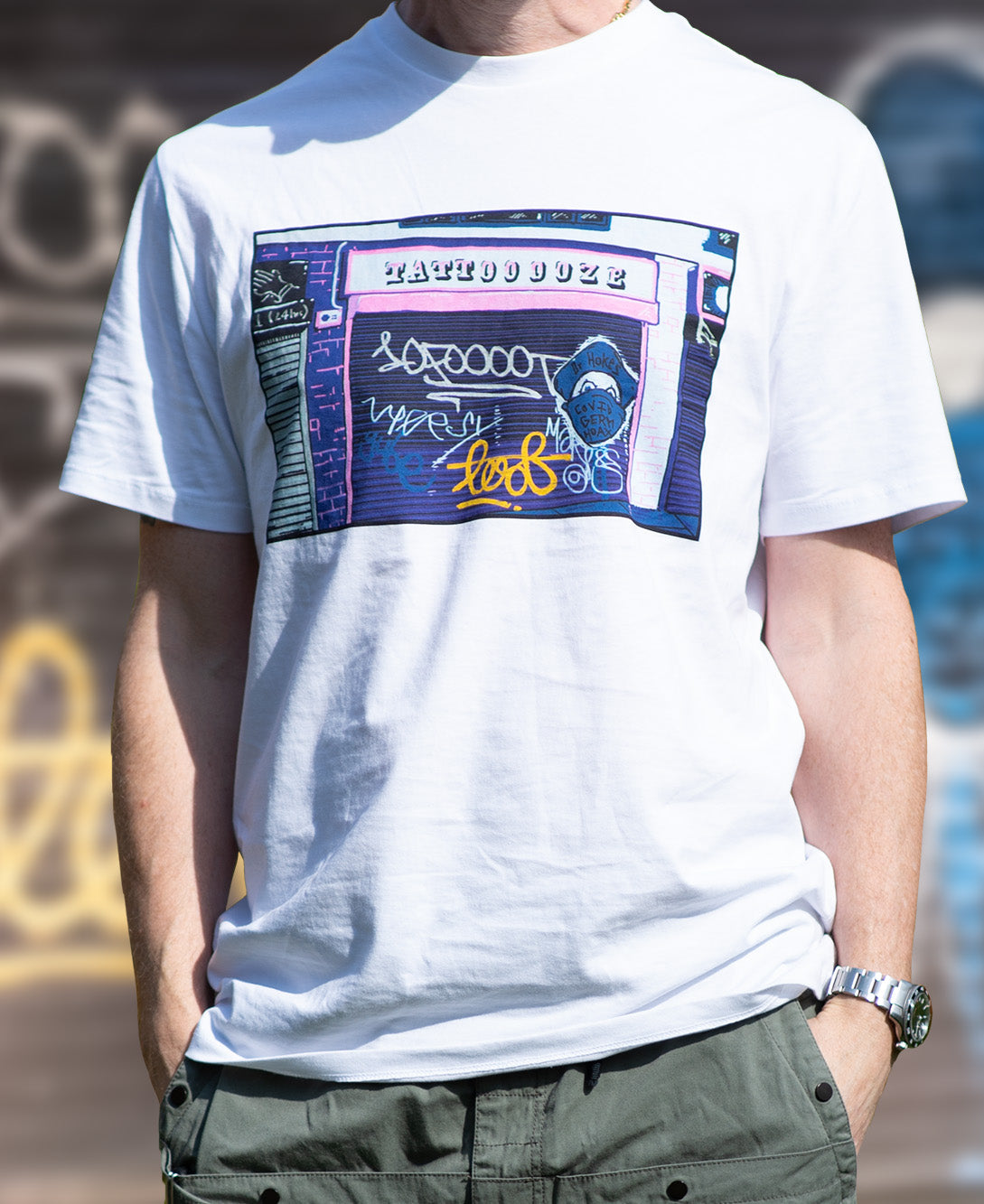 London graffiti illustration on an organic T-shirt