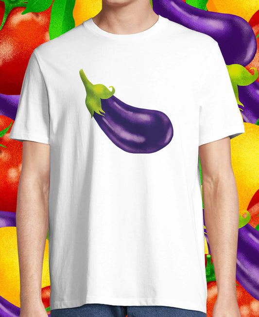 Aubergine  on a white organic cotton T-shirt