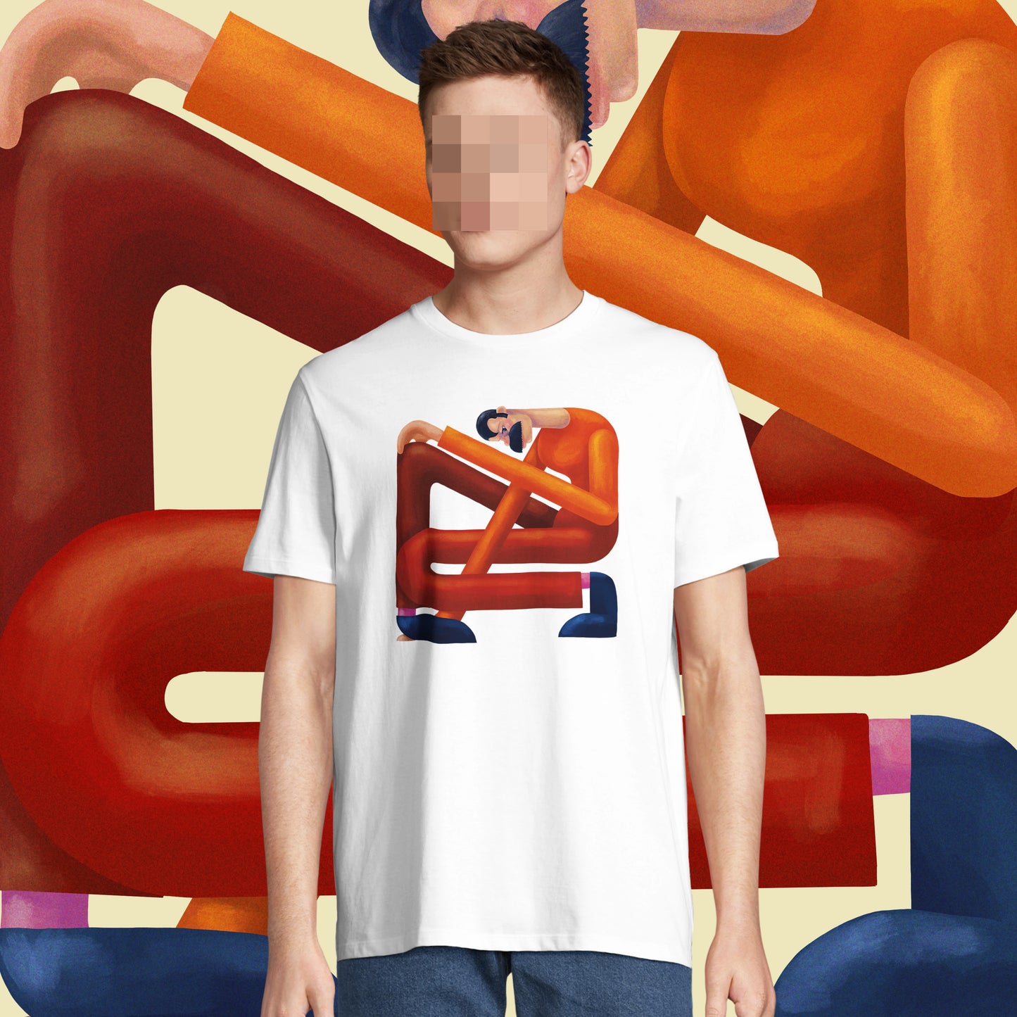 'Boxed in' illustration on an organic white t-shirt