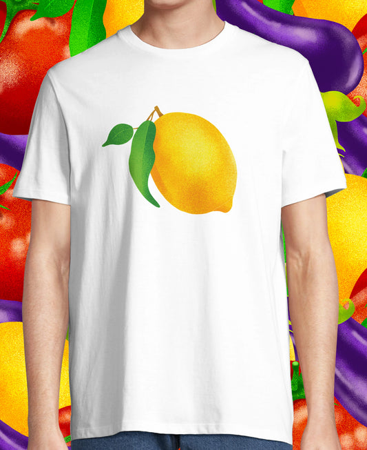 Lemon on a white organic cotton T-shirt