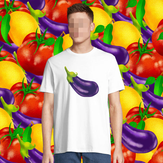 Aubergine  on a white organic cotton T-shirt