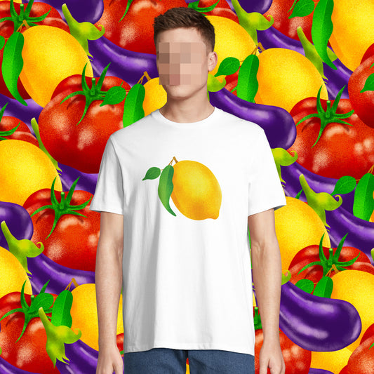 Lemon on a white organic cotton T-shirt