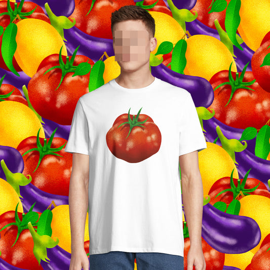 Tomato on a white organic cotton T-shirt