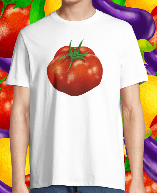 Tomato on a white organic cotton T-shirt